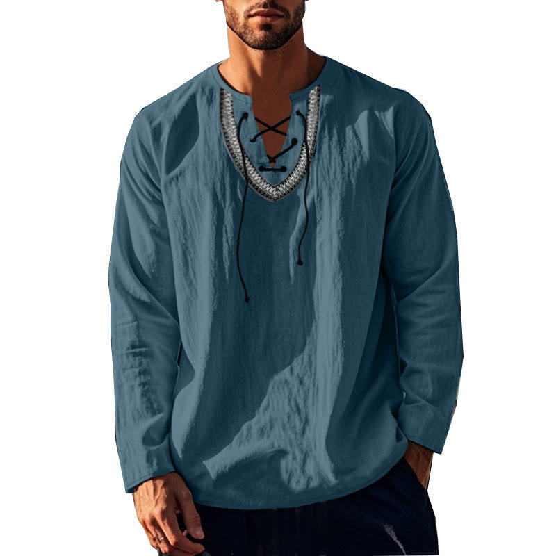 Buddha Stones Solid Color Fall Lace-up Men's V-Neck Long Sleeve Cotton Shirt