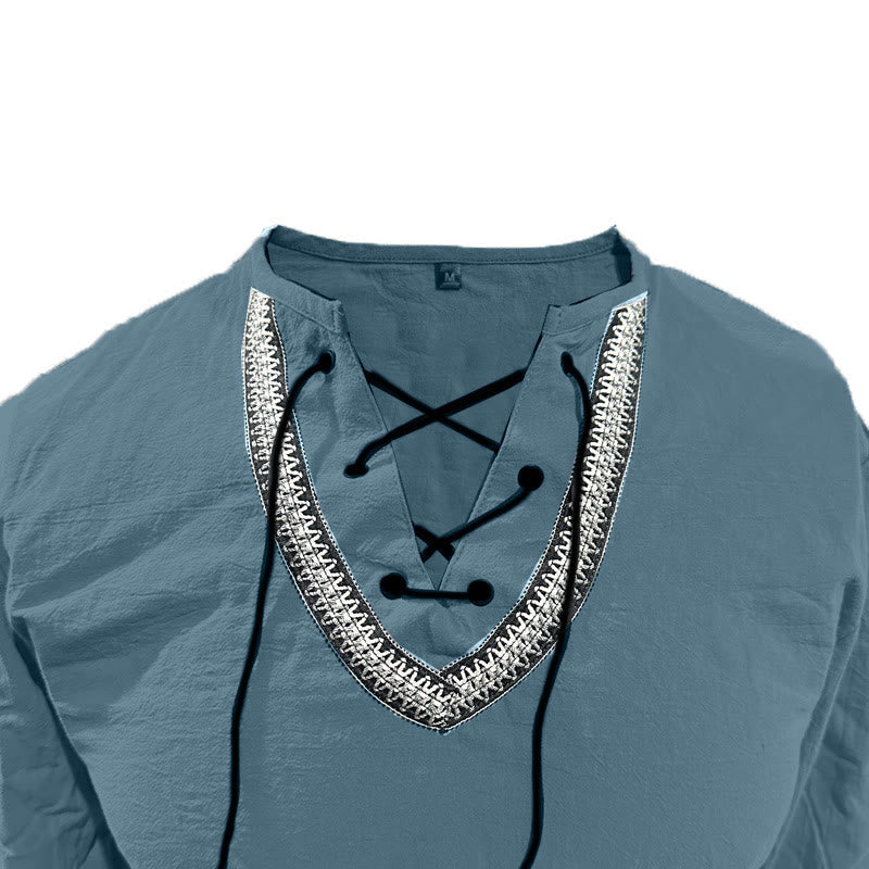 Buddha Stones Solid Color Fall Lace-up Men's V-Neck Long Sleeve Cotton Shirt