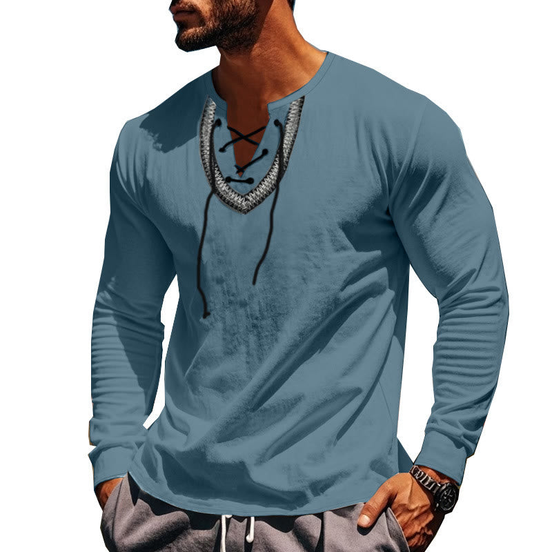 Buddha Stones Solid Color Fall Lace-up Men's V-Neck Long Sleeve Cotton Shirt