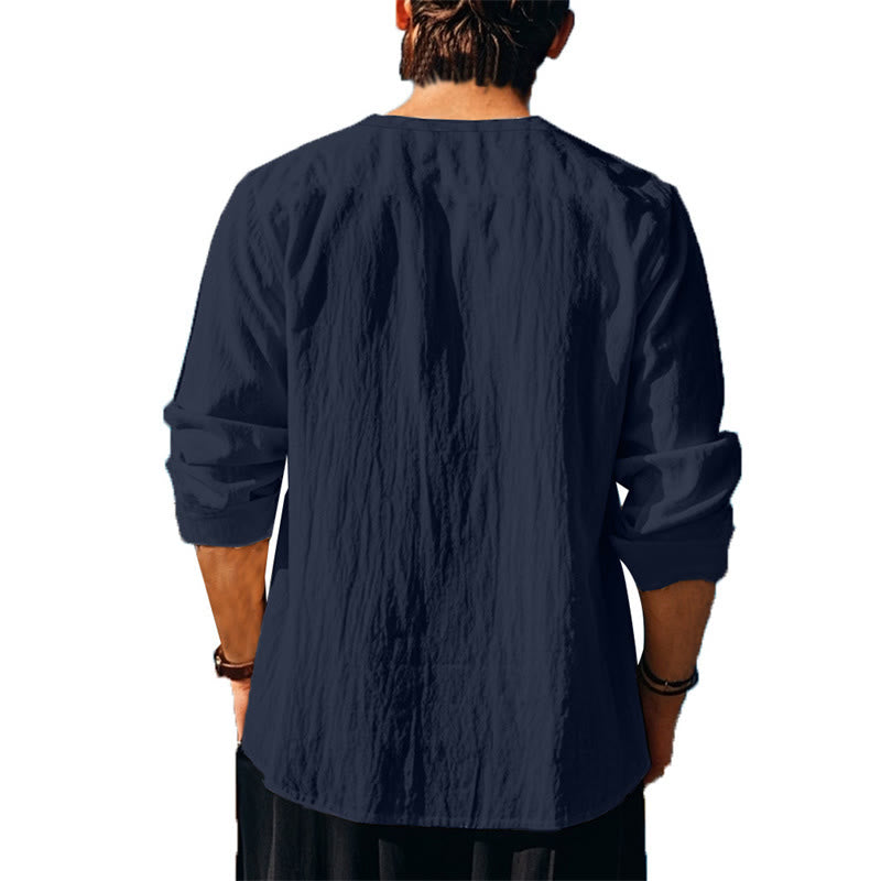 Buddha Stones Solid Color Fall Lace-up Men's V-Neck Long Sleeve Cotton Shirt