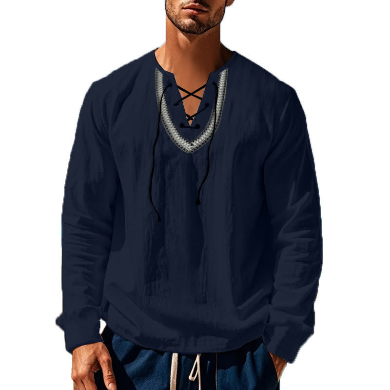 Buddha Stones Solid Color Fall Lace-up Men's V-Neck Long Sleeve Cotton Shirt