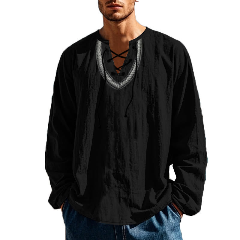 Buddha Stones Solid Color Fall Lace-up Men's V-Neck Long Sleeve Cotton Shirt