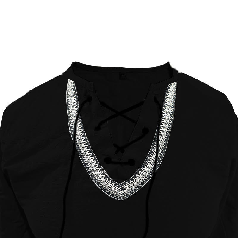 Buddha Stones Solid Color Fall Lace-up Men's V-Neck Long Sleeve Cotton Shirt