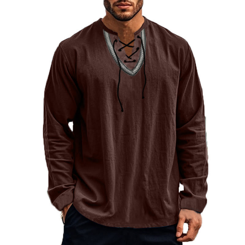 Buddha Stones Solid Color Fall Lace-up Men's V-Neck Long Sleeve Cotton Shirt