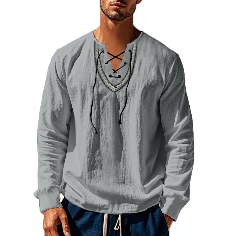Buddha Stones Solid Color Fall Lace-up Men's V-Neck Long Sleeve Cotton Shirt