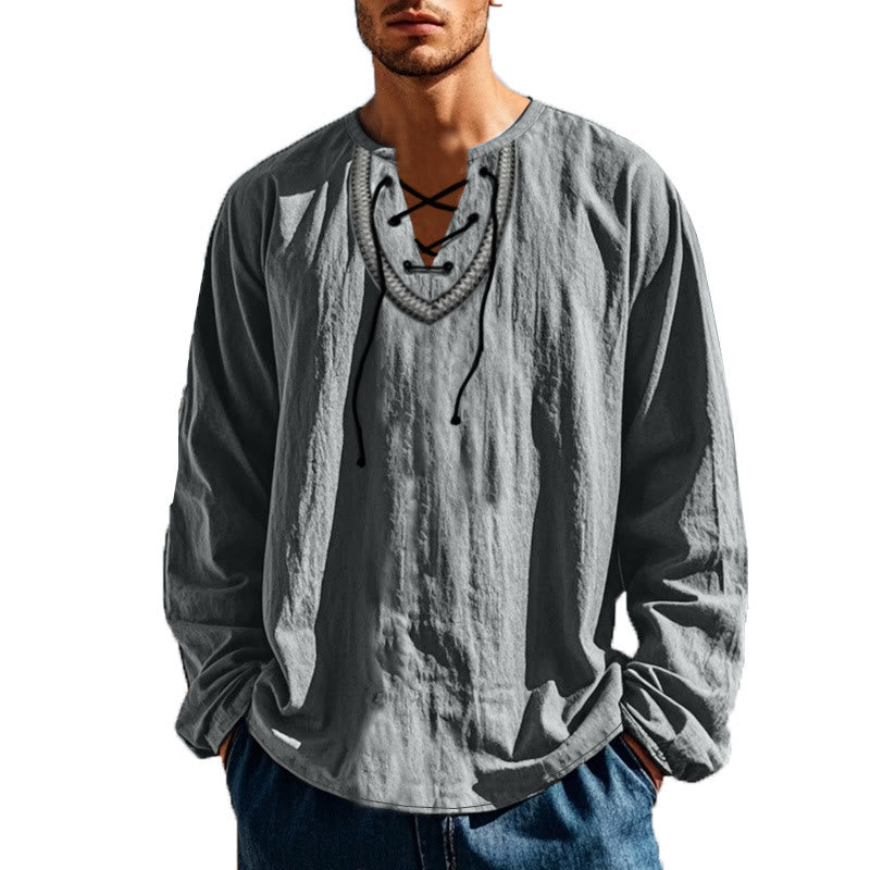Buddha Stones Solid Color Fall Lace-up Men's V-Neck Long Sleeve Cotton Shirt