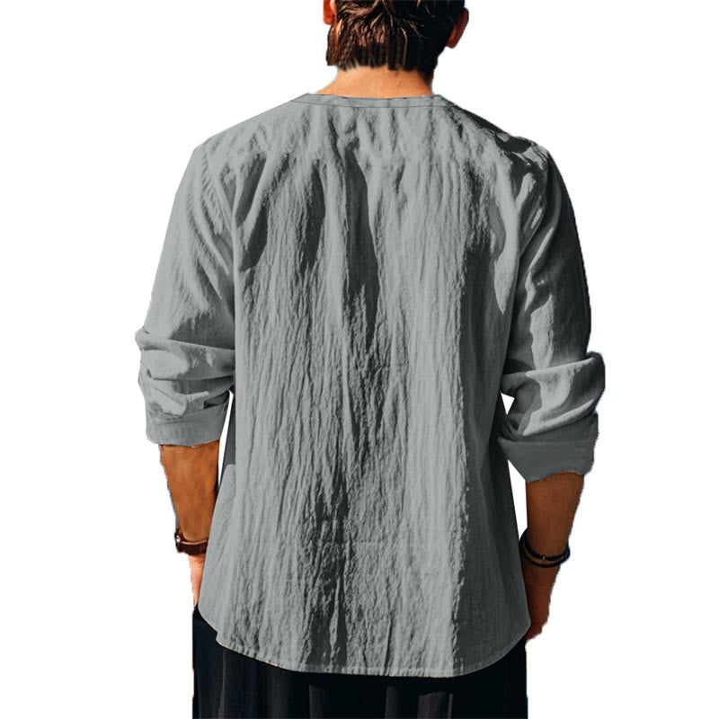 Buddha Stones Solid Color Fall Lace-up Men's V-Neck Long Sleeve Cotton Shirt