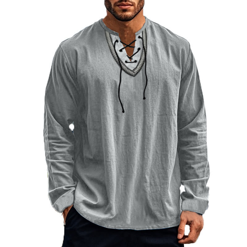 Buddha Stones Solid Color Fall Lace-up Men's V-Neck Long Sleeve Cotton Shirt