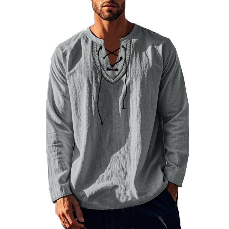 Buddha Stones Solid Color Fall Lace-up Men's V-Neck Long Sleeve Cotton Shirt