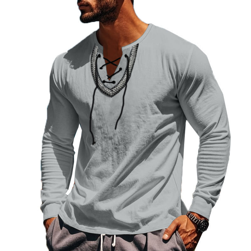 Buddha Stones Solid Color Fall Lace-up Men's V-Neck Long Sleeve Cotton Shirt