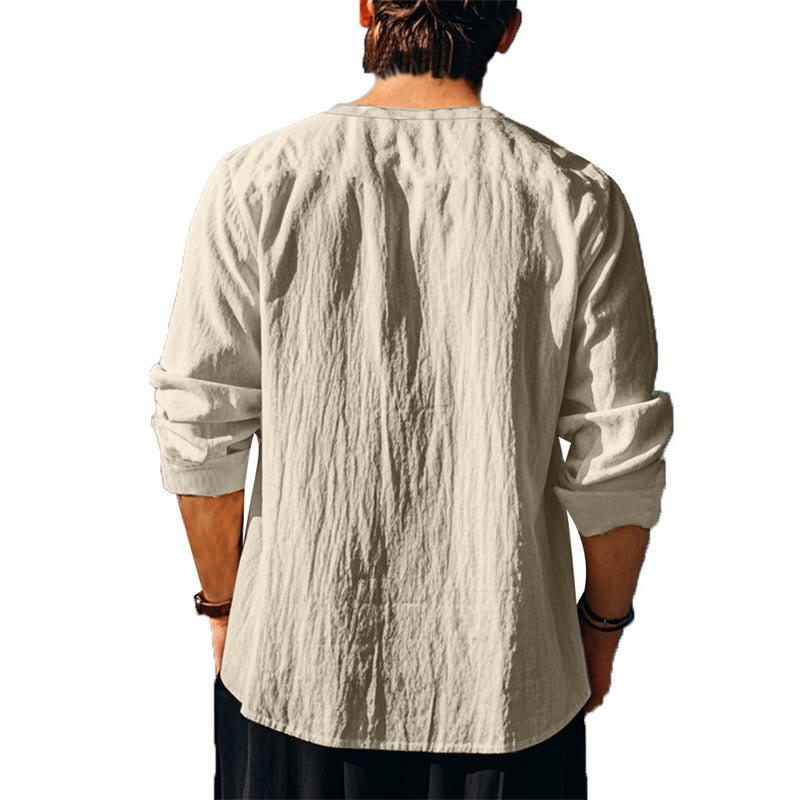 Buddha Stones Solid Color Fall Lace-up Men's V-Neck Long Sleeve Cotton Shirt