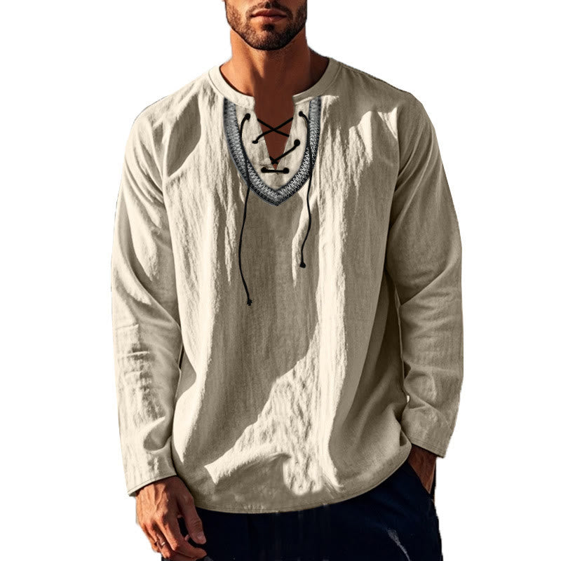 Buddha Stones Solid Color Fall Lace-up Men's V-Neck Long Sleeve Cotton Shirt