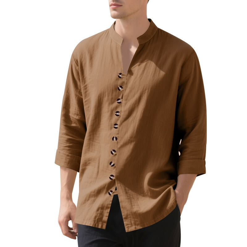 Buddha Stones Solid Color Buttons Fall Long Sleeve Linen Men's Shirt