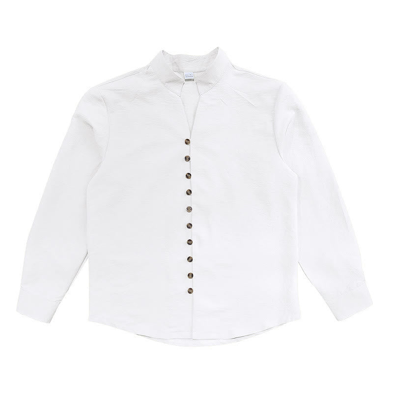 Buddha Stones Solid Color Buttons Fall Long Sleeve Linen Men's Shirt