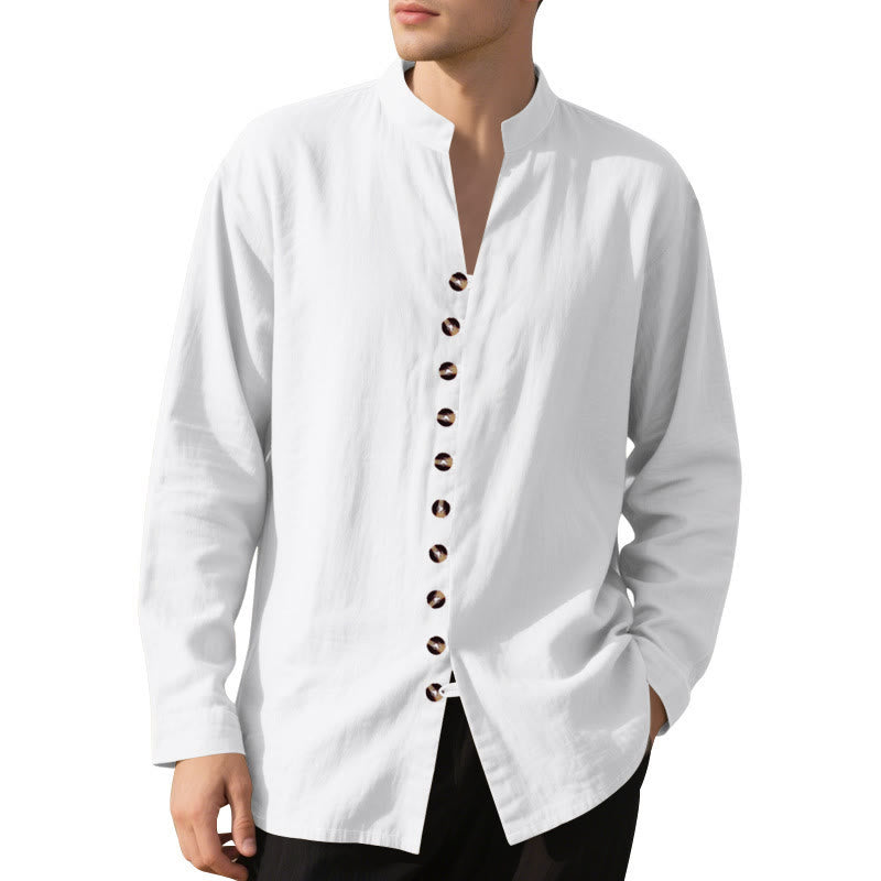 Buddha Stones Solid Color Buttons Fall Long Sleeve Linen Men's Shirt