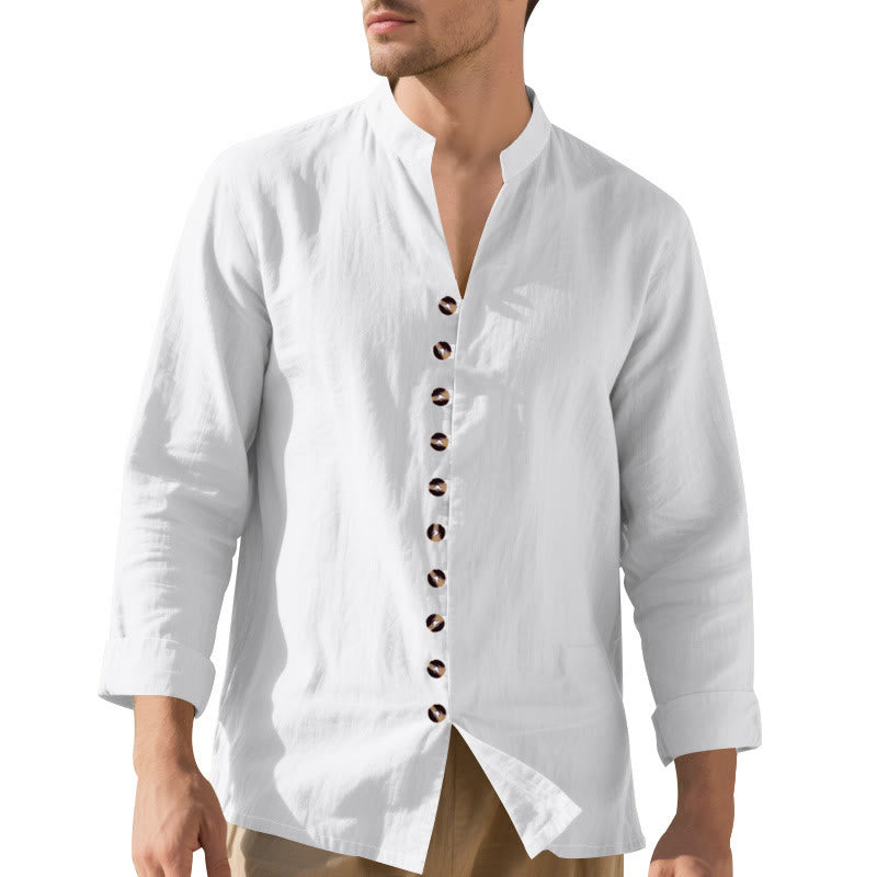 Buddha Stones Solid Color Buttons Fall Long Sleeve Linen Men's Shirt
