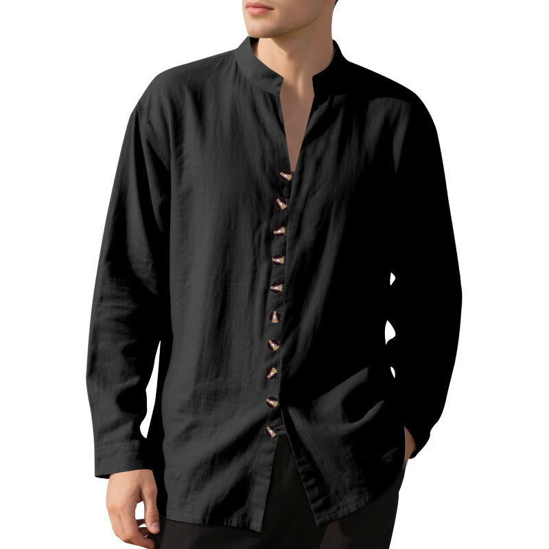 Buddha Stones Solid Color Buttons Fall Long Sleeve Linen Men's Shirt