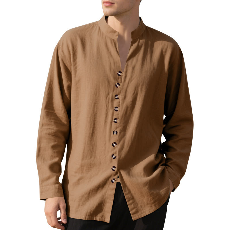 Buddha Stones Solid Color Buttons Fall Long Sleeve Linen Men's Shirt