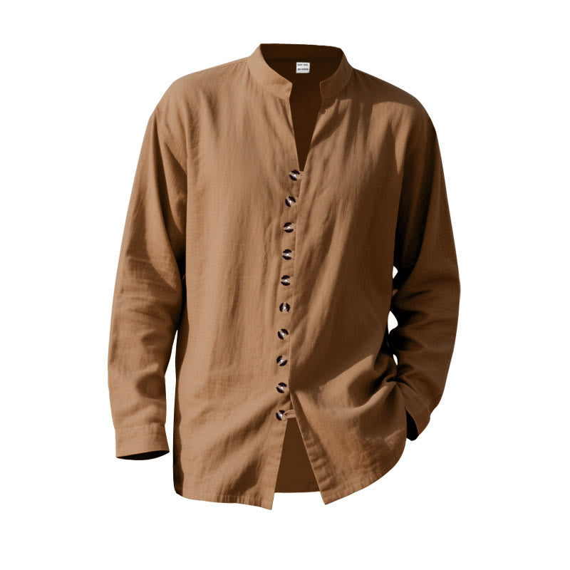 Buddha Stones Solid Color Buttons Fall Long Sleeve Linen Men's Shirt
