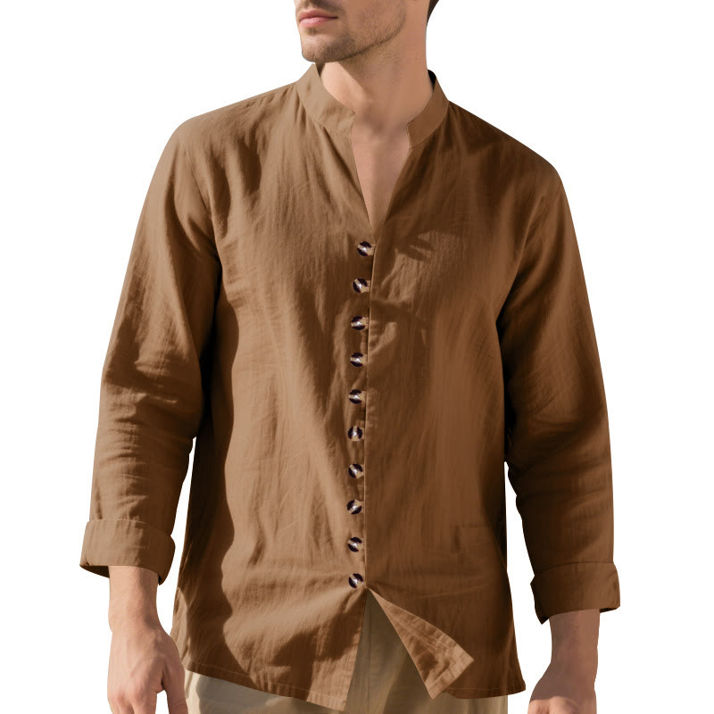 Buddha Stones Solid Color Buttons Fall Long Sleeve Linen Men's Shirt