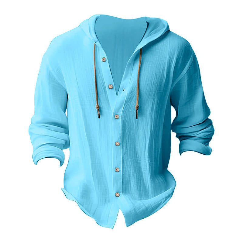 Buddha Stones Solid Color Long Sleeve Hooded Drawstring Buttons Linen Men's Shirt