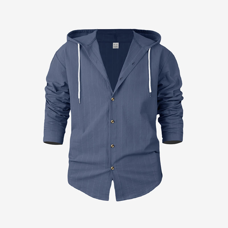 Buddha Stones Solid Long Sleeve Hooded Stripes Drawstring Buttons Linen Men's Shirt