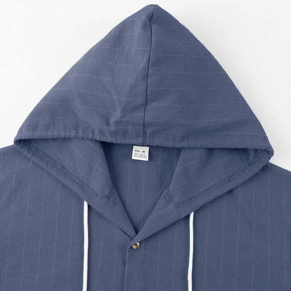 Buddha Stones Solid Long Sleeve Hooded Stripes Drawstring Buttons Linen Men's Shirt