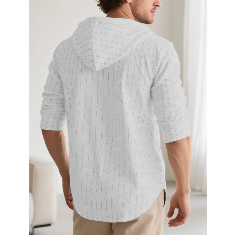 Buddha Stones Solid Long Sleeve Hooded Stripes Drawstring Buttons Linen Men's Shirt