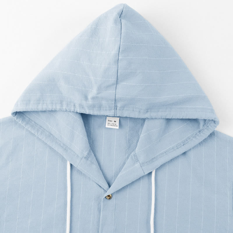 Buddha Stones Solid Long Sleeve Hooded Stripes Drawstring Buttons Linen Men's Shirt