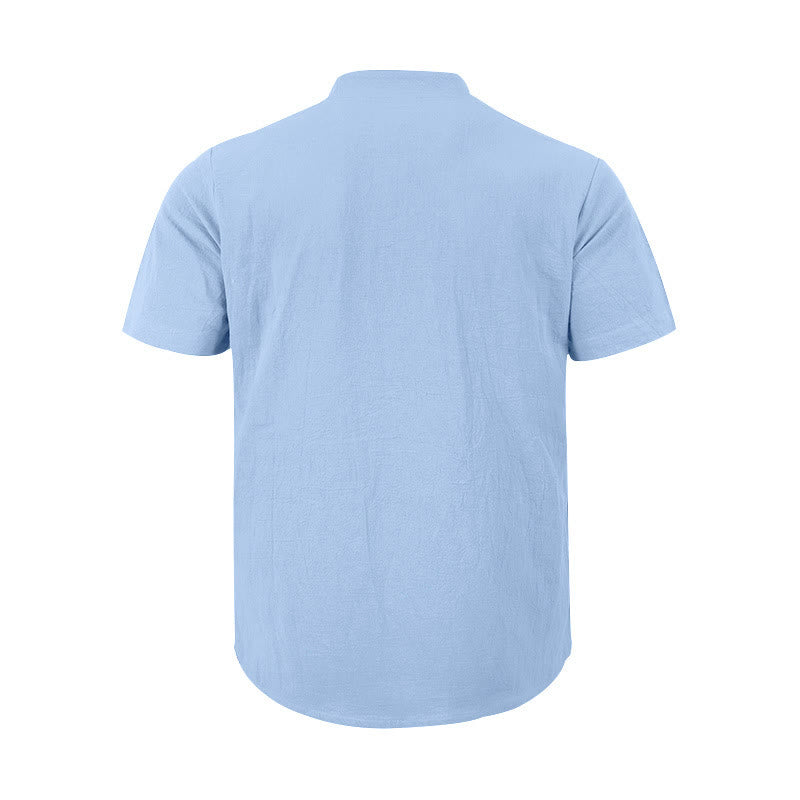 Buddha Stones Solid Summer Short Sleeve Half Buttons Linen Men's Shirt