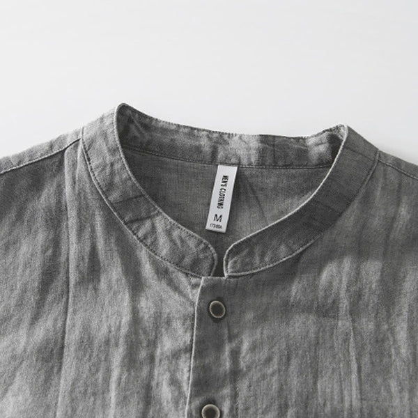 Buddha Stones Summer Buttons Short Sleeve Ramie Linen Cotton Men's Shirt