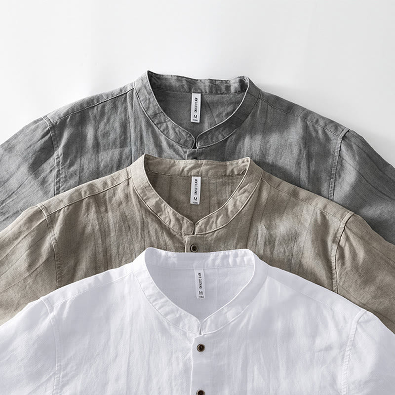 Buddha Stones Summer Buttons Short Sleeve Ramie Linen Cotton Men's Shirt