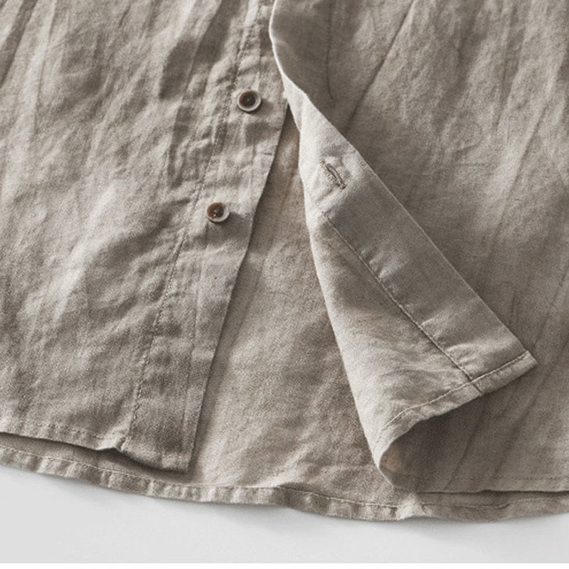 Buddha Stones Summer Buttons Short Sleeve Ramie Linen Cotton Men's Shirt
