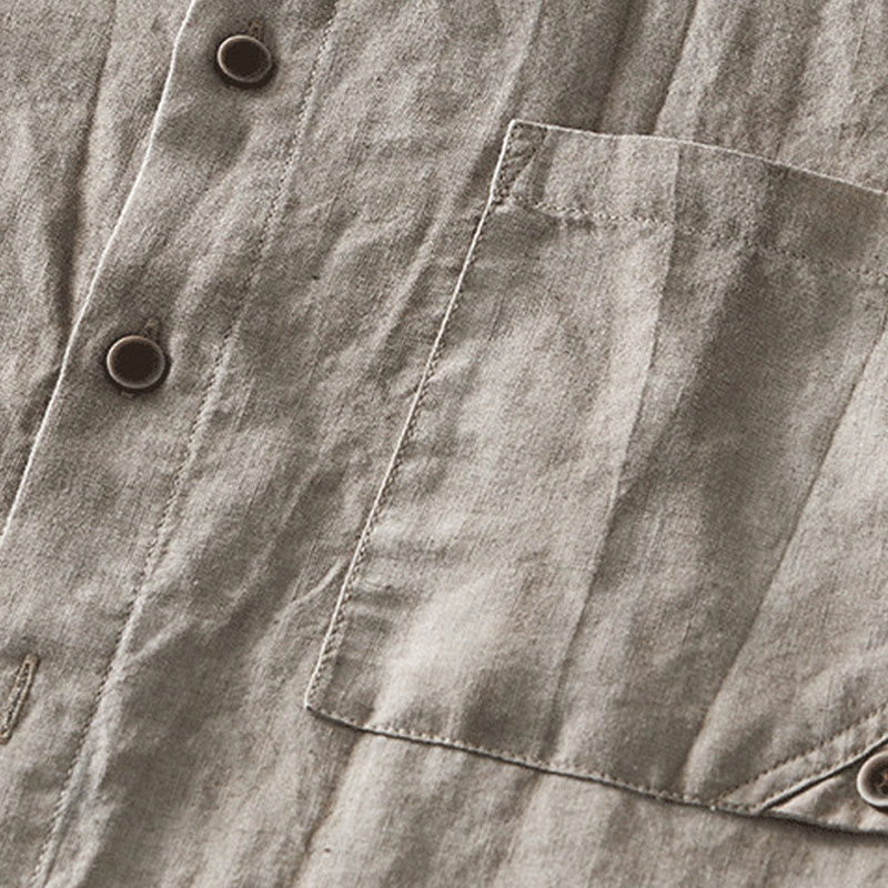 Buddha Stones Summer Buttons Short Sleeve Ramie Linen Cotton Men's Shirt