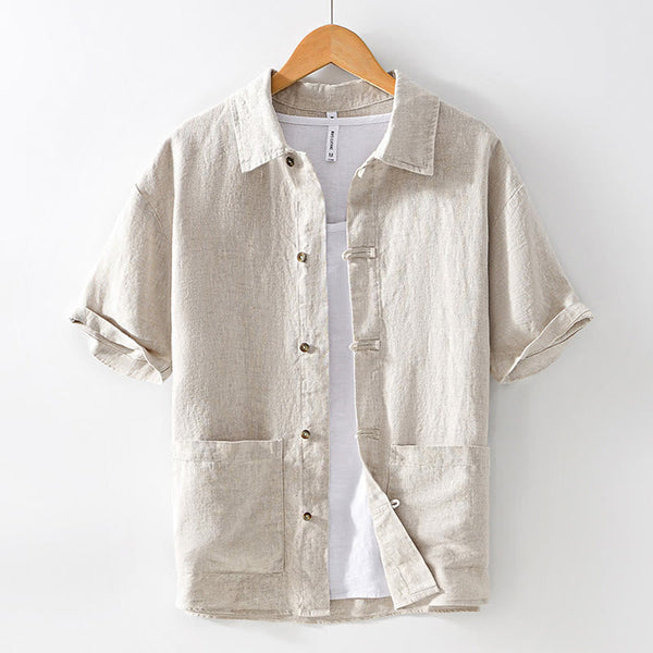 Buddha Stones Solid Summer Short Sleeve Buttons Linen Men's Shirt With Pockets