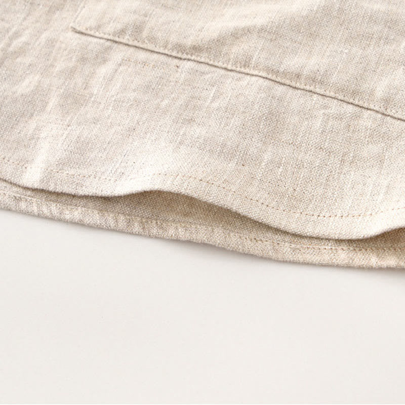 Buddha Stones Solid Summer Short Sleeve Buttons Linen Men's Shirt With Pockets