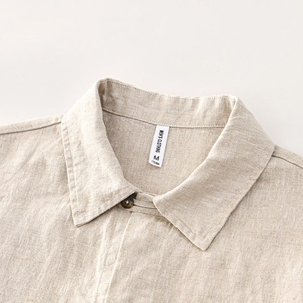 Buddha Stones Solid Summer Short Sleeve Buttons Linen Men's Shirt With Pockets