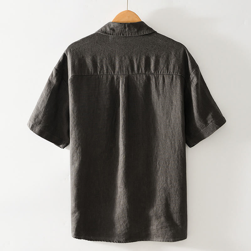 Buddha Stones Solid Summer Short Sleeve Buttons Linen Men's Shirt With Pockets