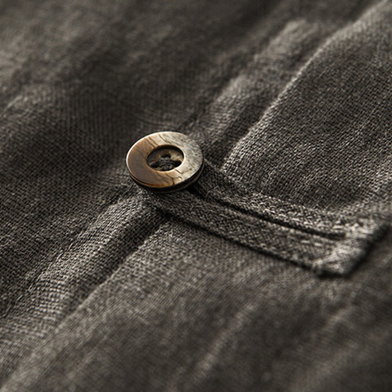 Buddha Stones Solid Summer Short Sleeve Buttons Linen Men's Shirt With Pockets