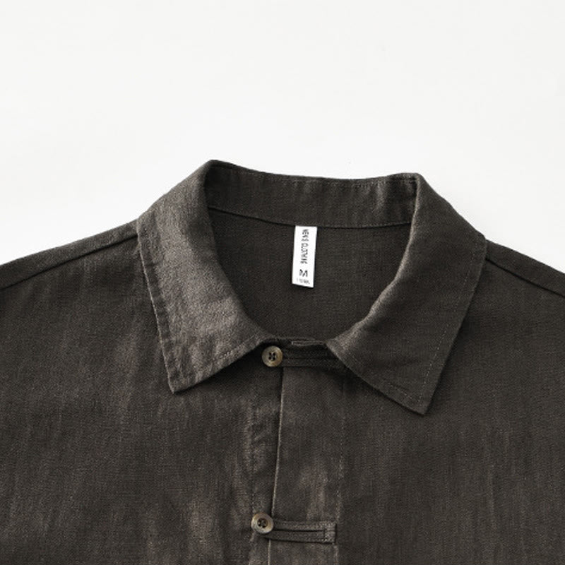 Buddha Stones Solid Summer Short Sleeve Buttons Linen Men's Shirt With Pockets