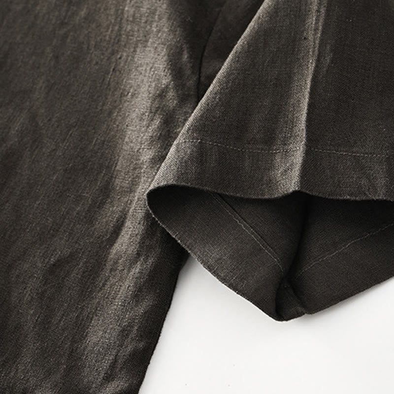 Buddha Stones Solid Summer Short Sleeve Buttons Linen Men's Shirt With Pockets