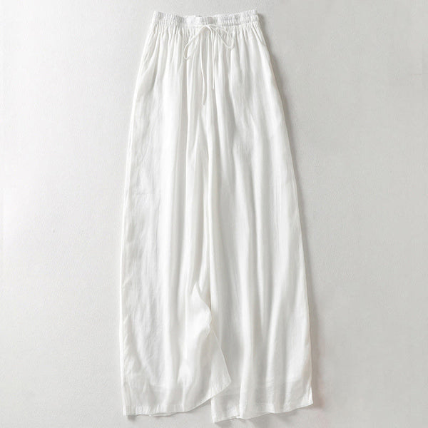 Buddha Stones Casual Drawstring Cotton Linen Ankle-Length Women's Wide Leg Pants With Pockets