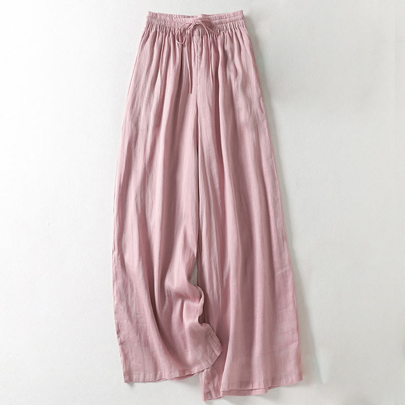 Buddha Stones Casual Drawstring Cotton Linen Ankle-Length Women's Wide Leg Pants With Pockets