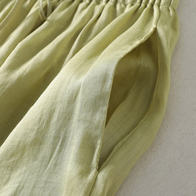 Buddha Stones Casual Drawstring Cotton Linen Ankle-Length Women's Wide Leg Pants With Pockets