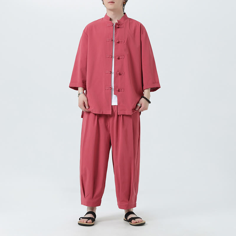 Buddha Stones 2Pcs Solid Frog-Button Three Quarter Sleeve Shirt Pants Men's Set