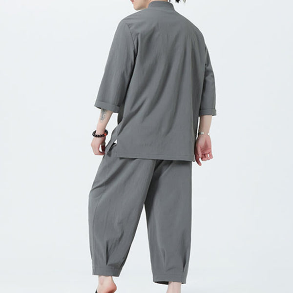 Buddha Stones 2Pcs Solid Frog-Button Three Quarter Sleeve Shirt Pants Men's Set