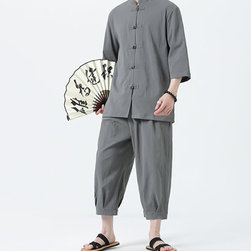 Buddha Stones 2Pcs Solid Frog-Button Three Quarter Sleeve Shirt Pants Men's Set