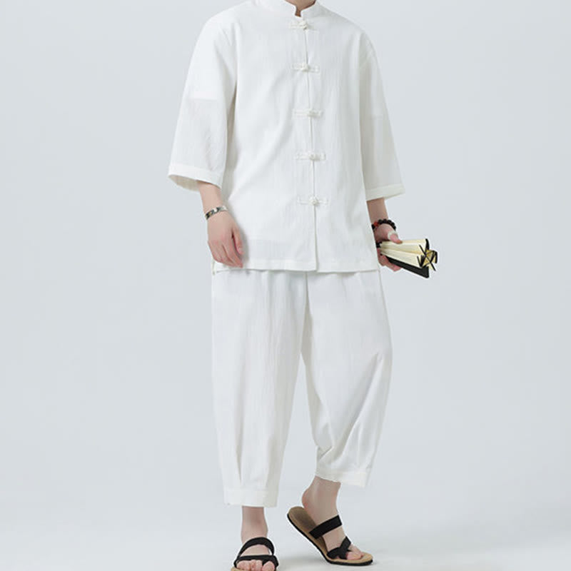 Buddha Stones 2Pcs Solid Frog-Button Three Quarter Sleeve Shirt Pants Men's Set