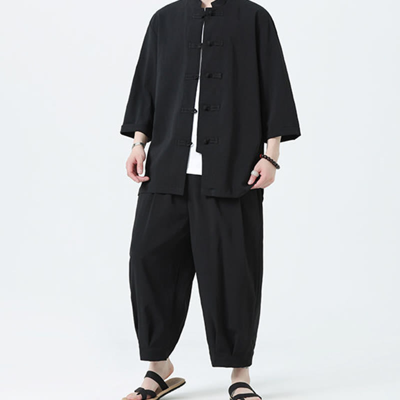Buddha Stones 2Pcs Solid Frog-Button Three Quarter Sleeve Shirt Pants Men's Set