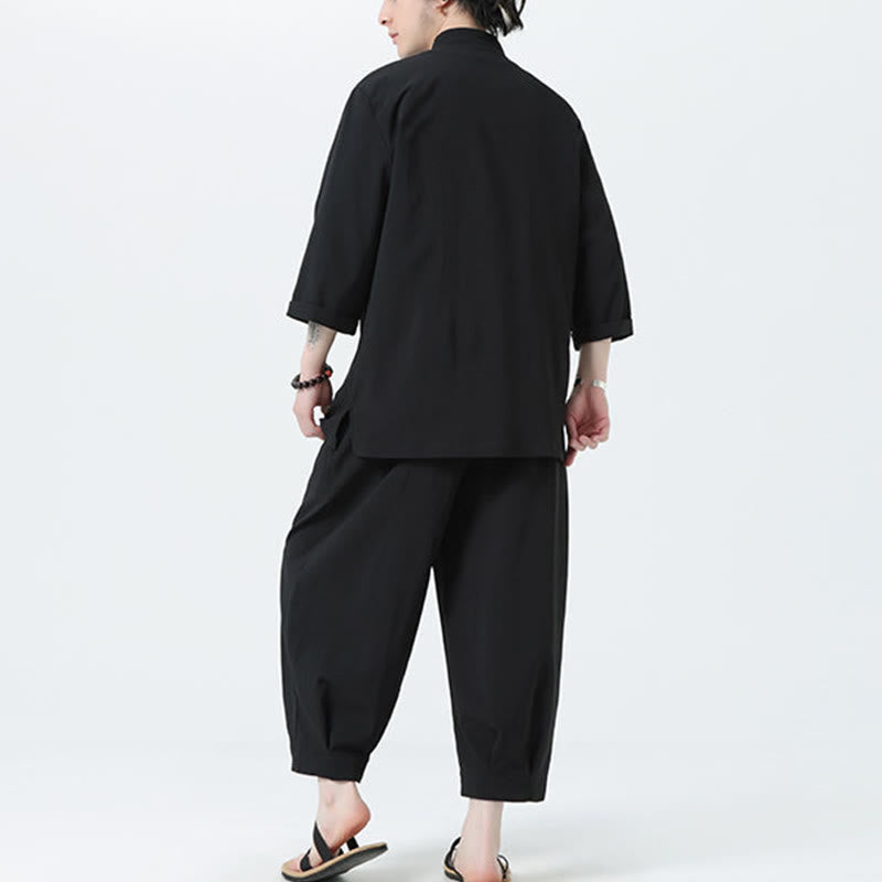 Buddha Stones 2Pcs Solid Frog-Button Three Quarter Sleeve Shirt Pants Men's Set